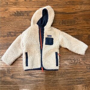 Patagonia toddler Cream Sherpa Jacket with Blue Pocket